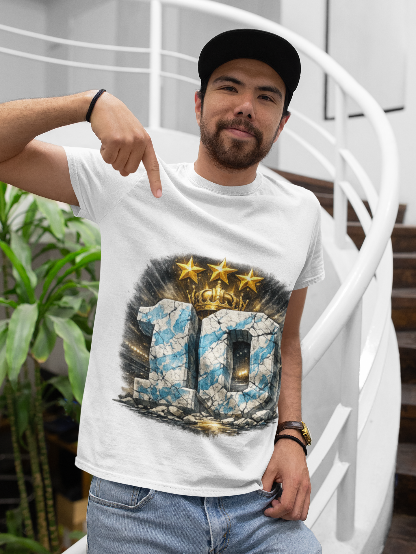 10 Soccer Jersey Tribute T‑Shirt — Crown & Three Stars Vintage Argentina Design