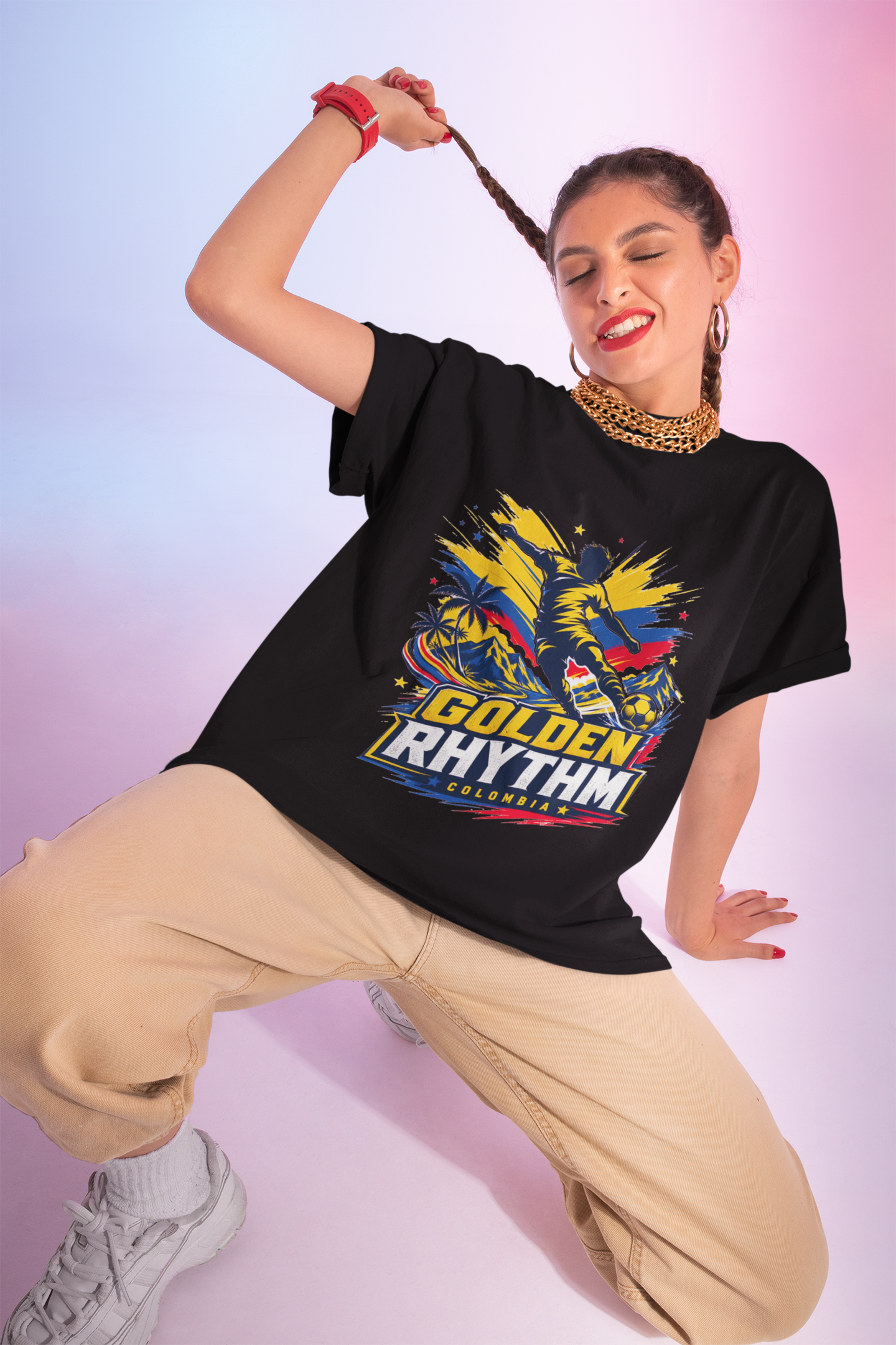 Columbia Soccer Player Graphic T-Shirt — "Golden Rhythm" Vibrant Beach Soccer Tee