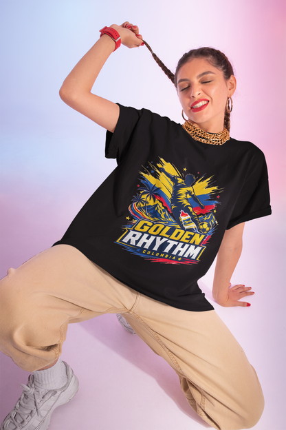 Columbia Soccer Player Graphic T-Shirt — "Golden Rhythm" Vibrant Beach Soccer Tee