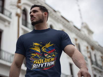 Columbia Soccer Player Graphic T-Shirt — "Golden Rhythm" Vibrant Beach Soccer Tee