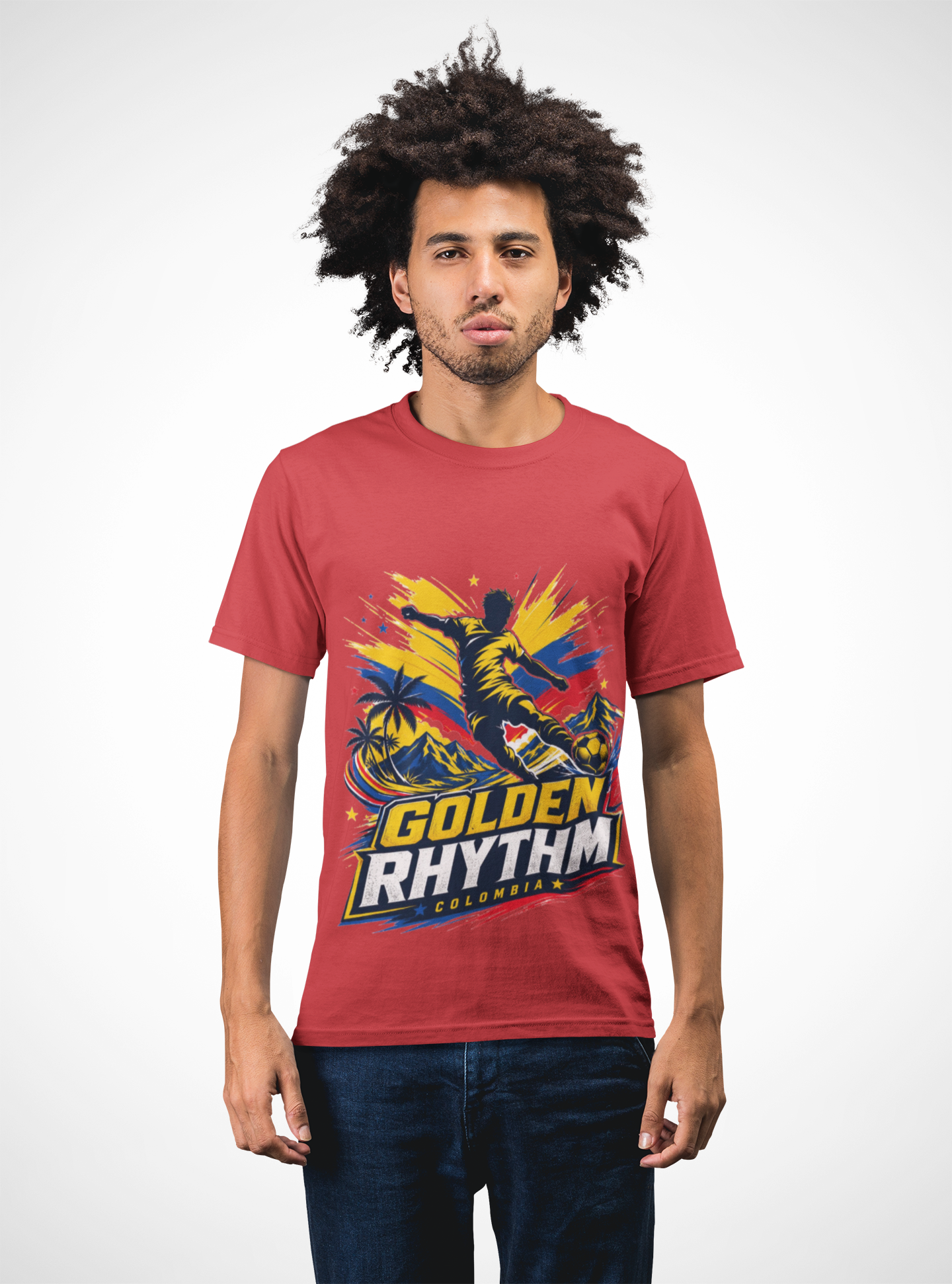Columbia Soccer Player Graphic T-Shirt — "Golden Rhythm" Vibrant Beach Soccer Tee