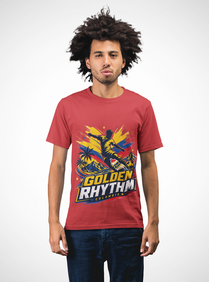 Columbia Soccer Player Graphic T-Shirt — "Golden Rhythm" Vibrant Beach Soccer Tee