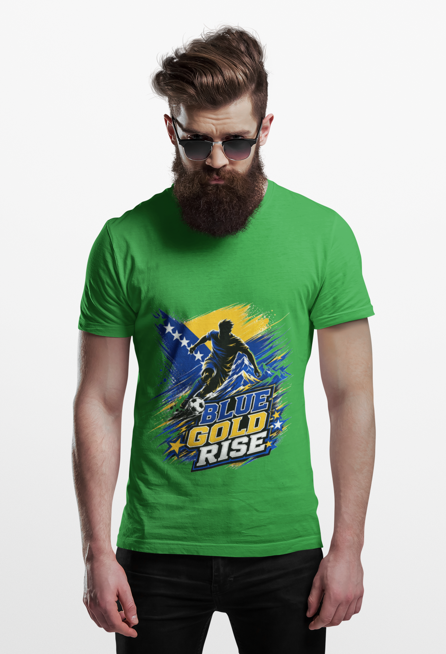 Bosnia Football T‑Shirt - "Blue Gold Rise" Soccer Graphic Tee