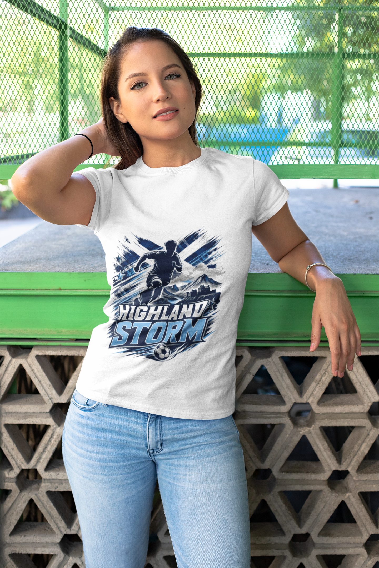 Scotland Highland Storm Soccer T-Shirt — Mountain Soccer Player Graphic Tee
