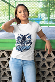 Scotland Highland Storm Soccer T-Shirt — Mountain Soccer Player Graphic Tee