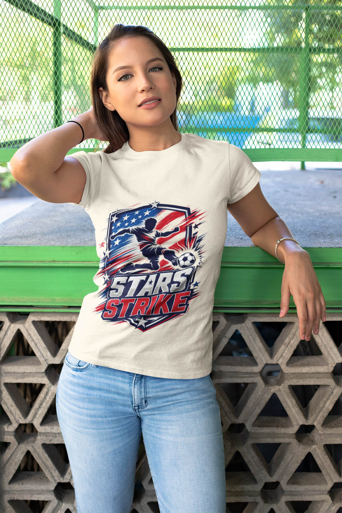 USA Soccer Stars Strike T‑Shirt — American Flag Soccer Player Graphic