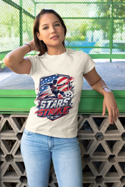 USA Soccer Stars Strike T‑Shirt — American Flag Soccer Player Graphic