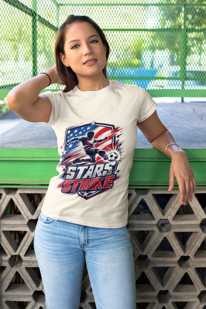 USA Soccer Stars Strike T‑Shirt — American Flag Soccer Player Graphic