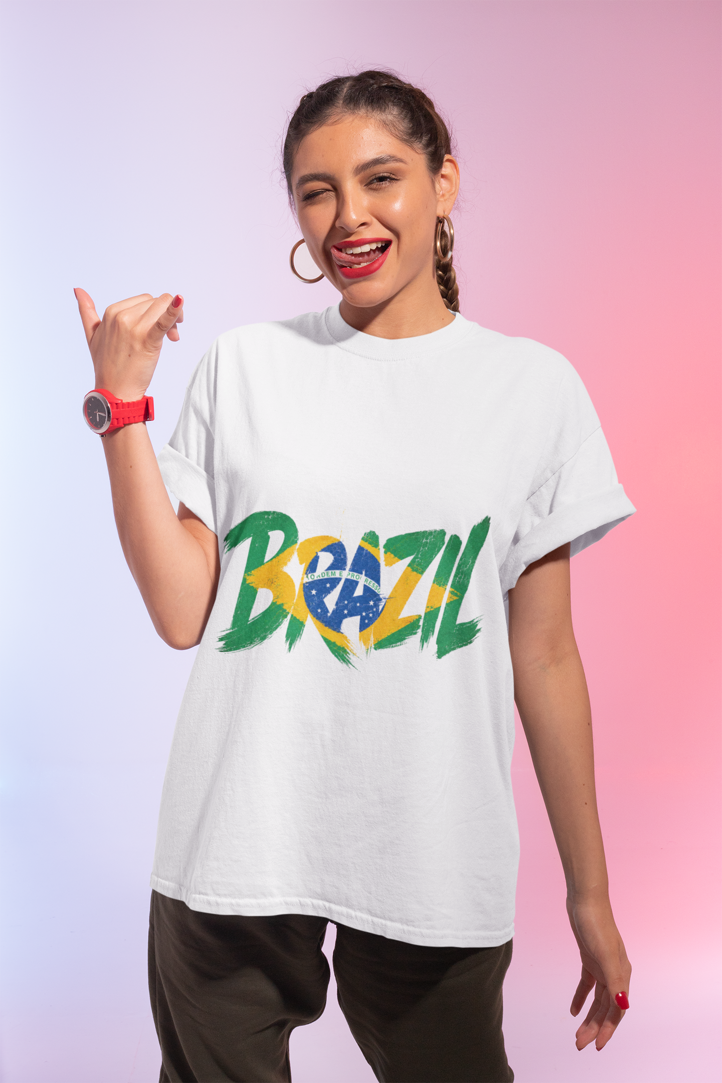 Brazil Flag Graphic T-Shirt — Bold Brazil Script with National Flag Motif