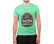 Freedom Runs on Working Hands T-Shirt — Patriotic Mechanic Tool & Wheat Design