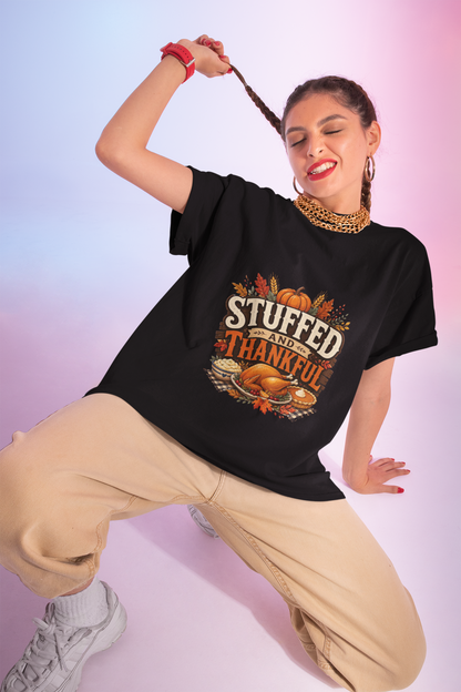 Stuffed and Thankful T-Shirt — Thanksgiving Pumpkin Fall Graphic Tee