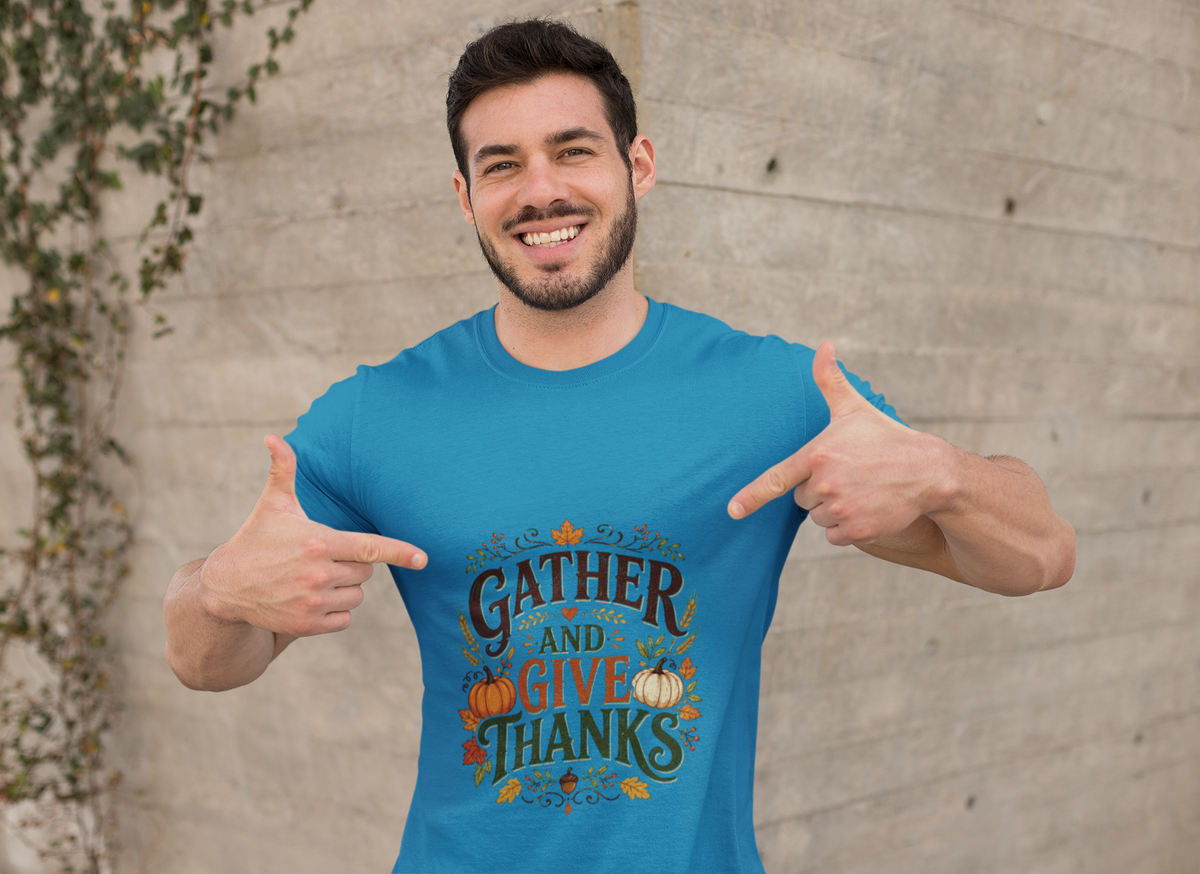 Thanksgiving T-Shirt Gather and Give Thanks T-Shirt — Thanksgiving Fall Holiday Tee