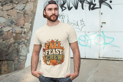 Fall Feast Crew T-Shirt — Thanksgiving Pumpkin & Leaves Graphic Tee