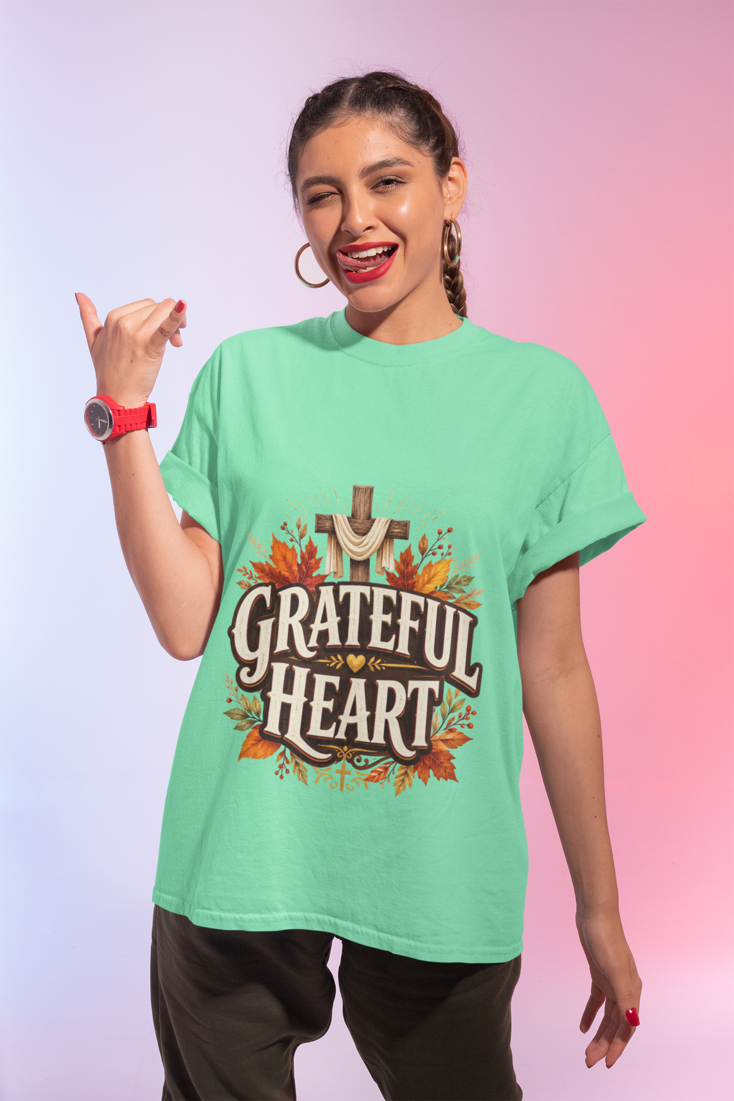 Grateful Heart T-Shirt — Christian Cross & Autumn Leaves Thanksgiving Tee