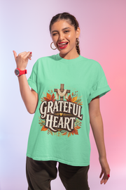 Thanksgiving T-Shirt Grateful Heart T-Shirt — Christian Cross & Autumn Leaves Thanksgiving Tee