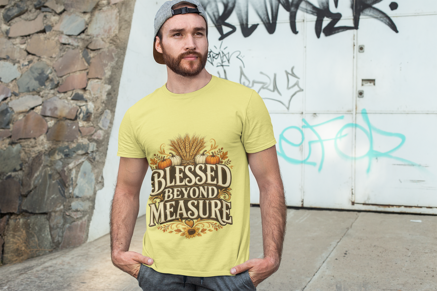 Blessed Beyond Measure T-Shirt — Fall Harvest Pumpkin & Wheat Tee