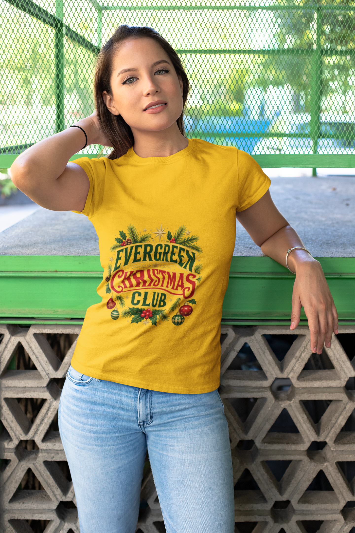Evergreen Christmas Club T-Shirt — Vintage Holiday Pine & Ornaments Tee