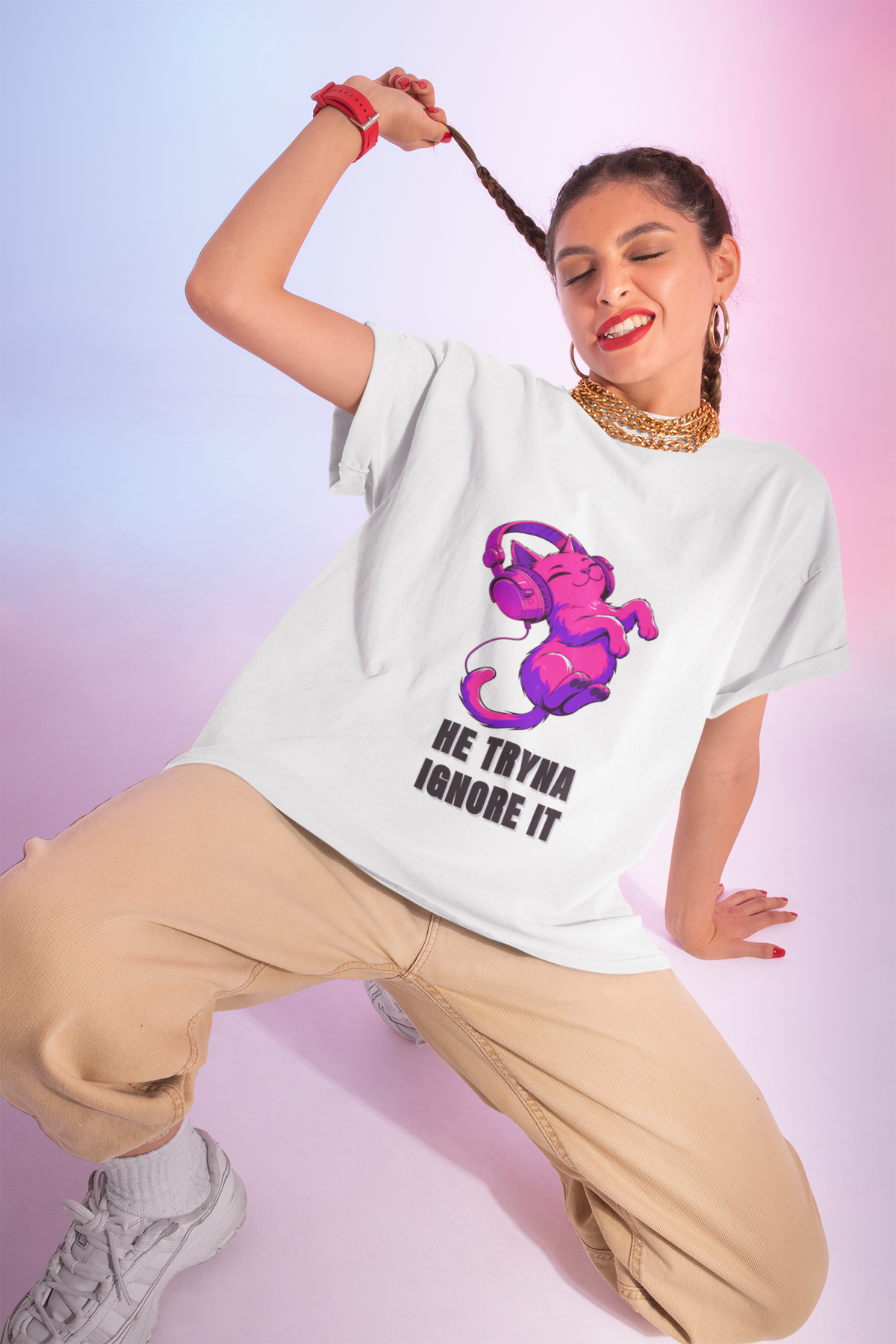 Cat Listening Headphones T‑Shirt — 'He Tryna Ignore It' Cute Pink Cat Graphic Tee - Trending Now - August 2026