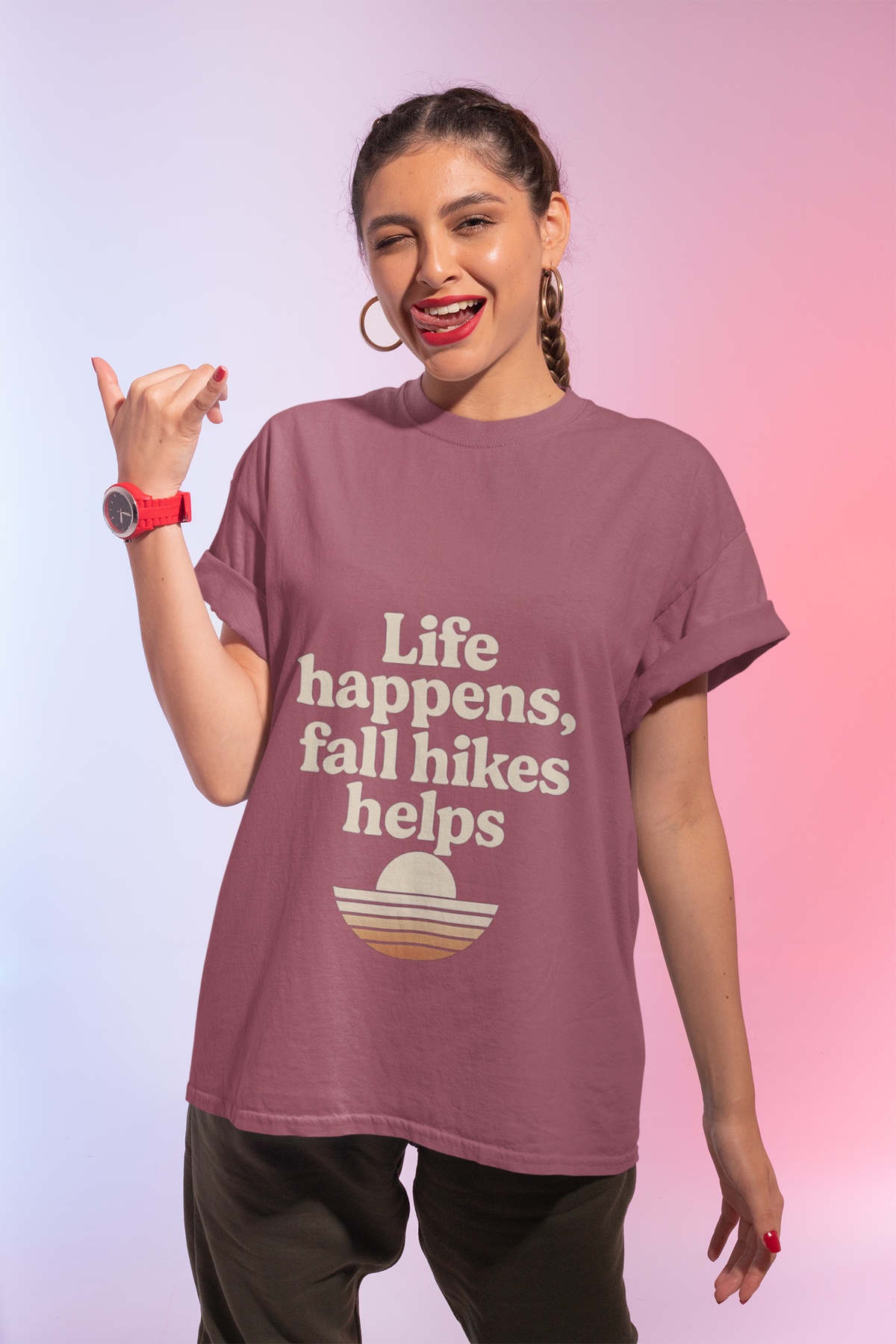 Fall Hikes T‑Shirt — "Life Happens, Fall Hikes Helps" Retro Sunset Tee - Trending Now - October 2026