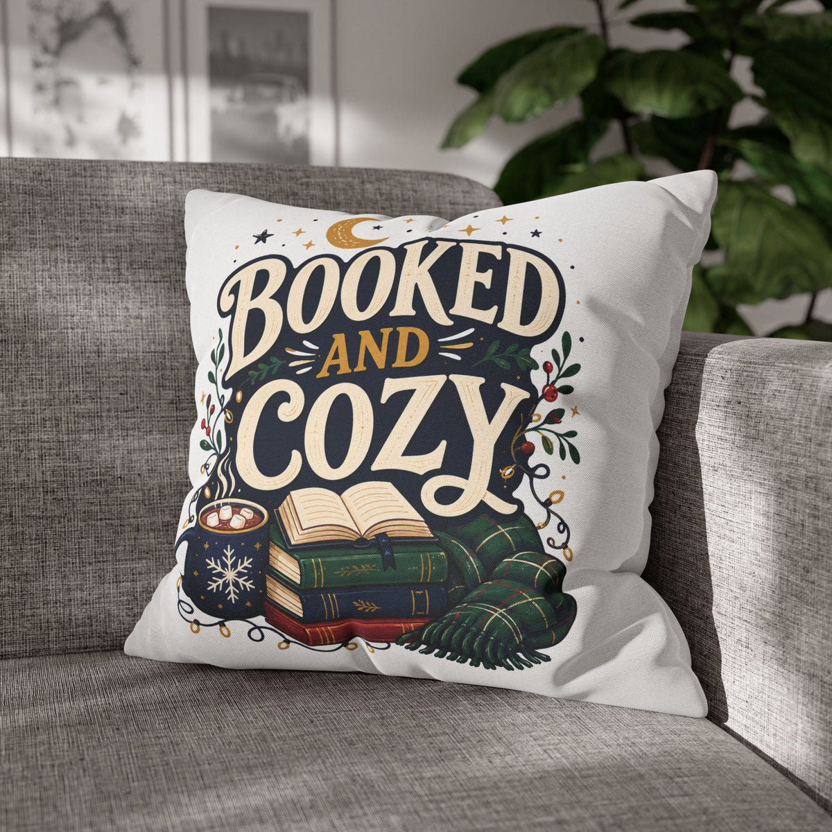 Booked and Cozy Square Pillowcase Modern Day Christmas — Booklover Decorative Throw Pillow Cover