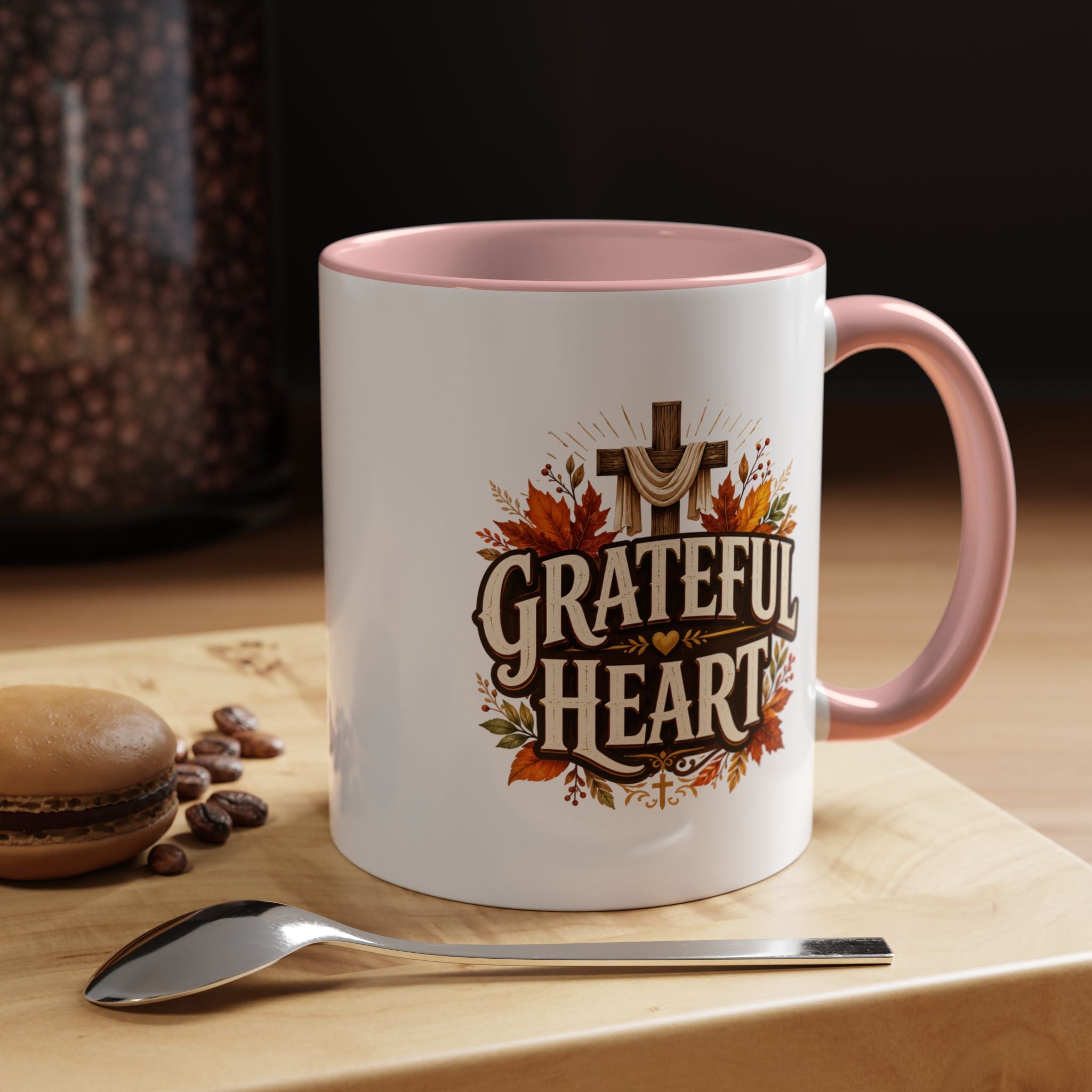 Thanksgiving Mug Grateful Heart Accent Coffee Mug – Autumn Leaves & Cross Spiritual Thanksgiving Gift