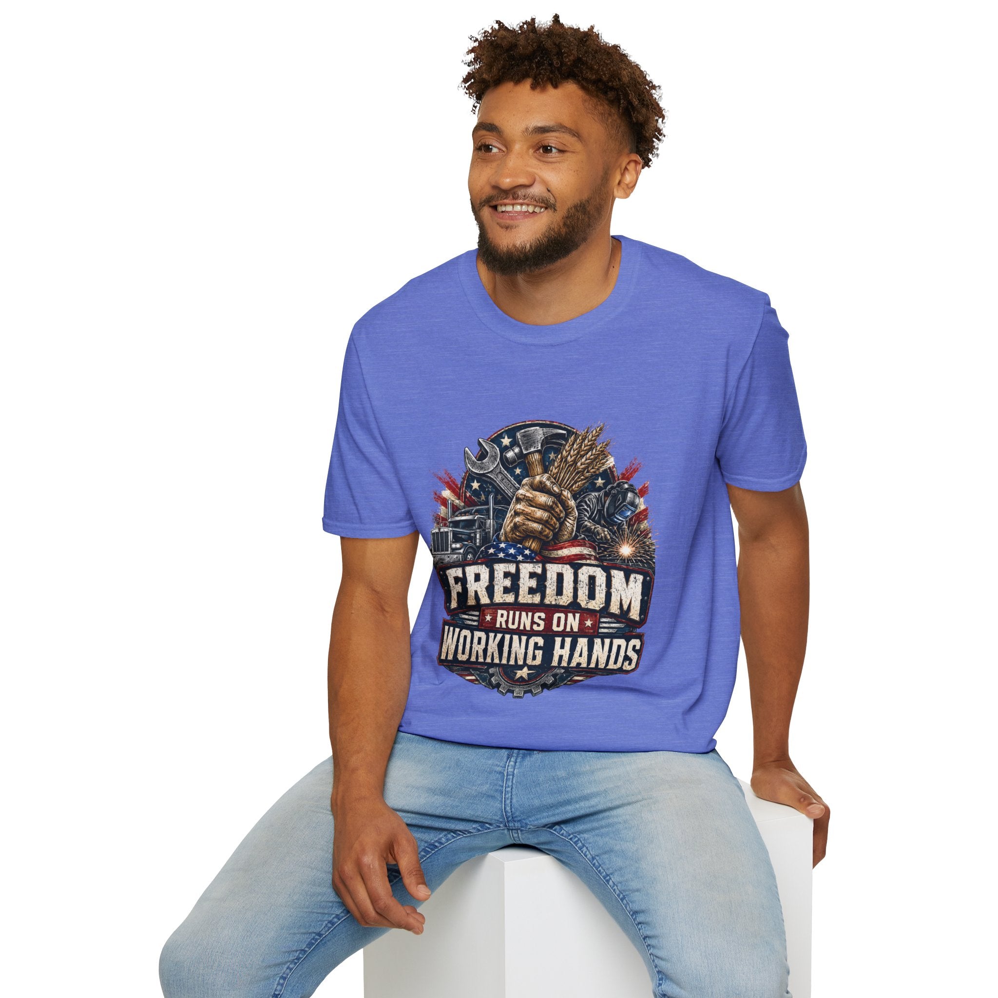 Freedom Runs on Working Hands T-Shirt — Patriotic Mechanic Tool & Wheat Design