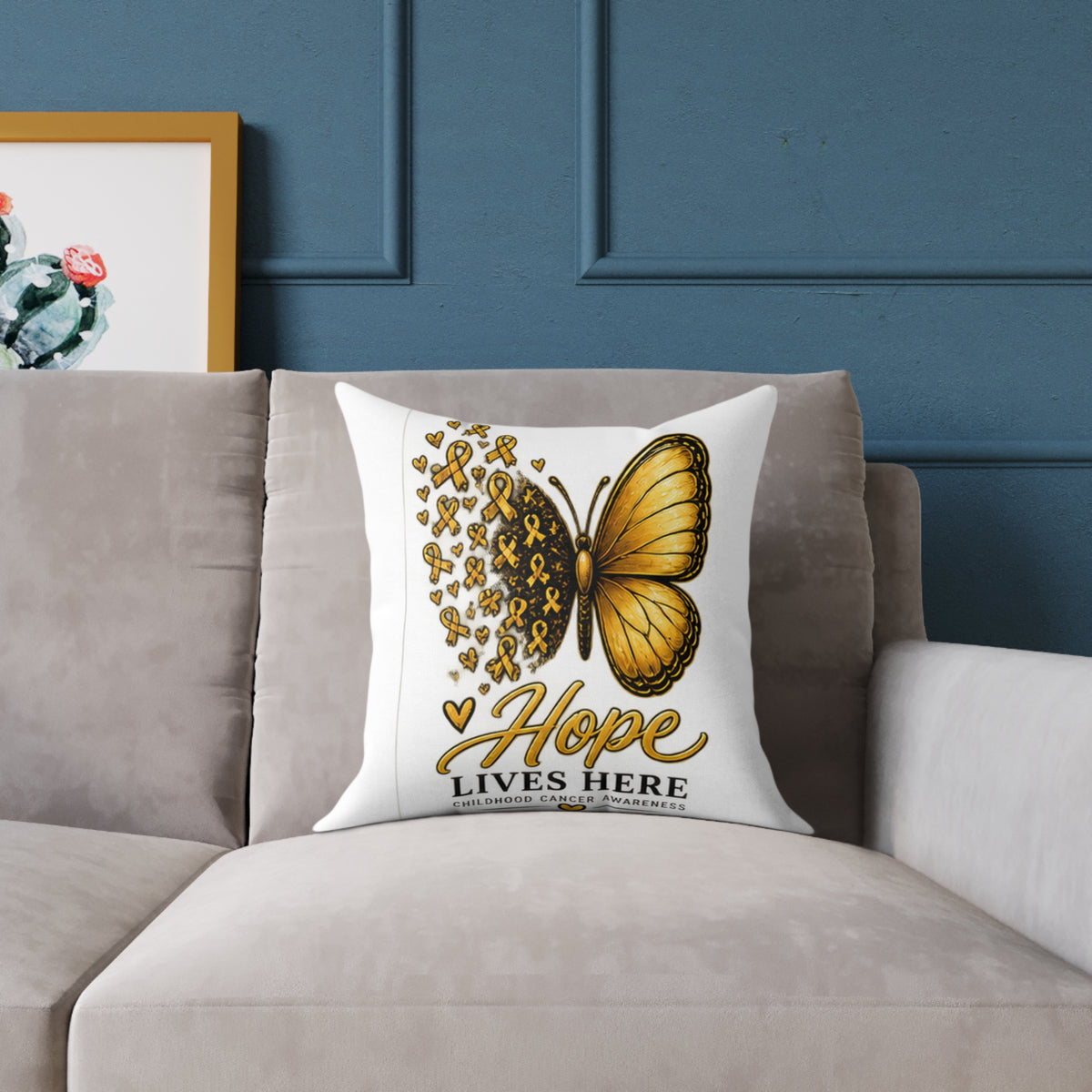 Childhood Cancer Hope Lives Here Butterfly Pillow — Gold Awareness Ribbon Accent