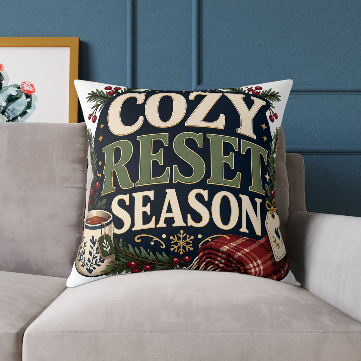Modern Day Christmas Cozy Reset Season Square Poly Canvas Pillow