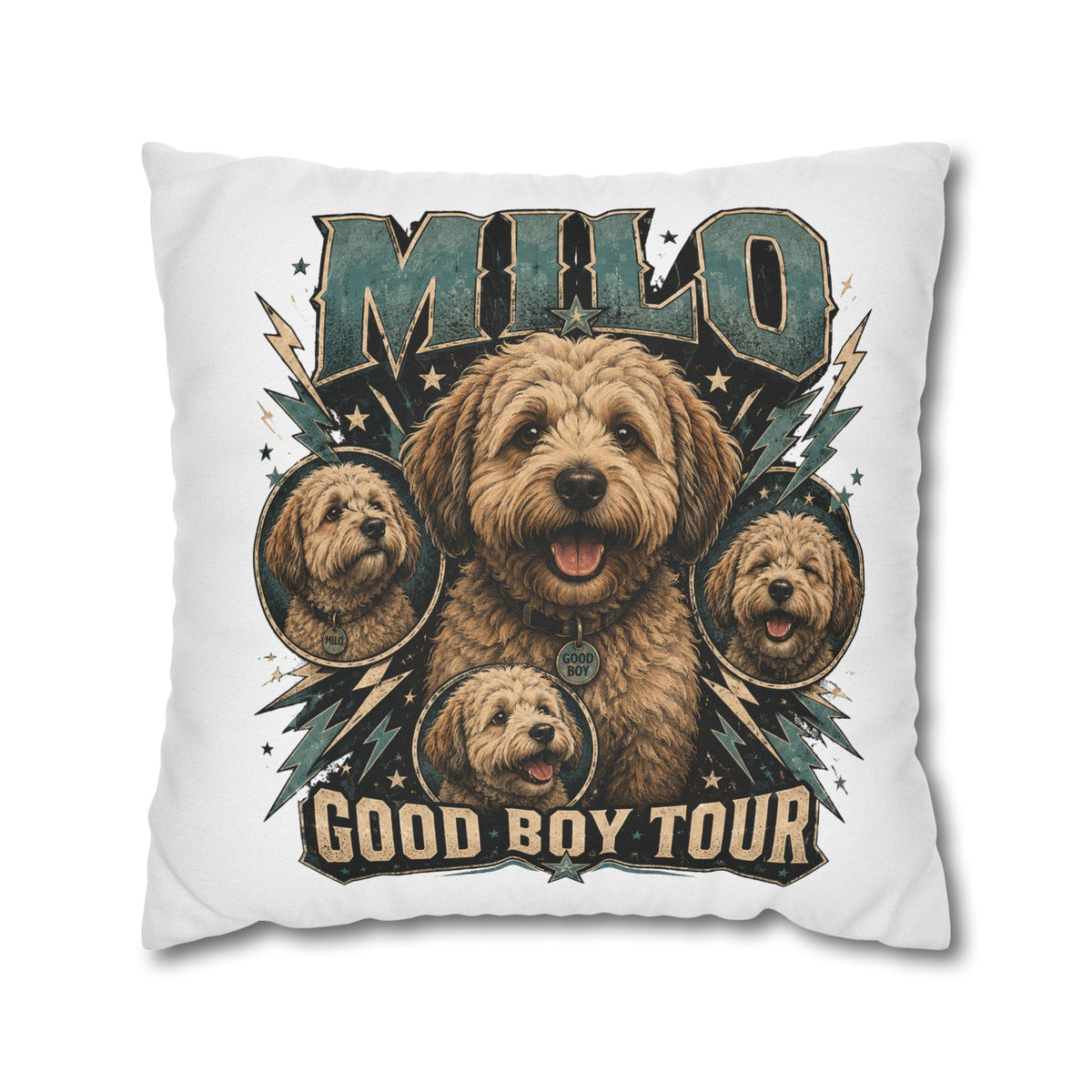 Milo "Good Boy Tour" Decorative Pillowcase — Cute Dog Portrait Square Throw Pillowcase Milo Bailey Dog Dad Mom