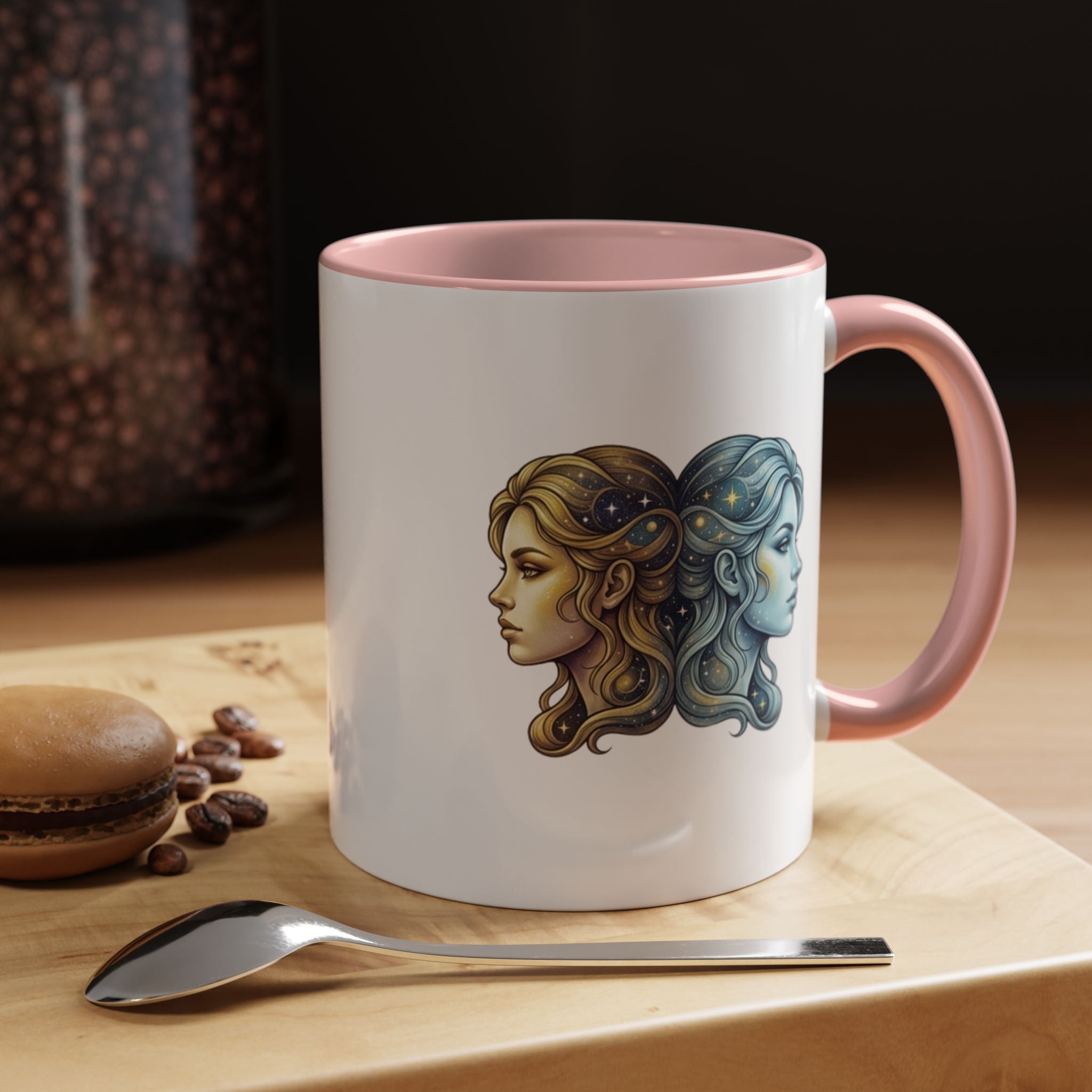 Gemini Zodiac Accent Coffee Mug — Dual Faces Astrology Design