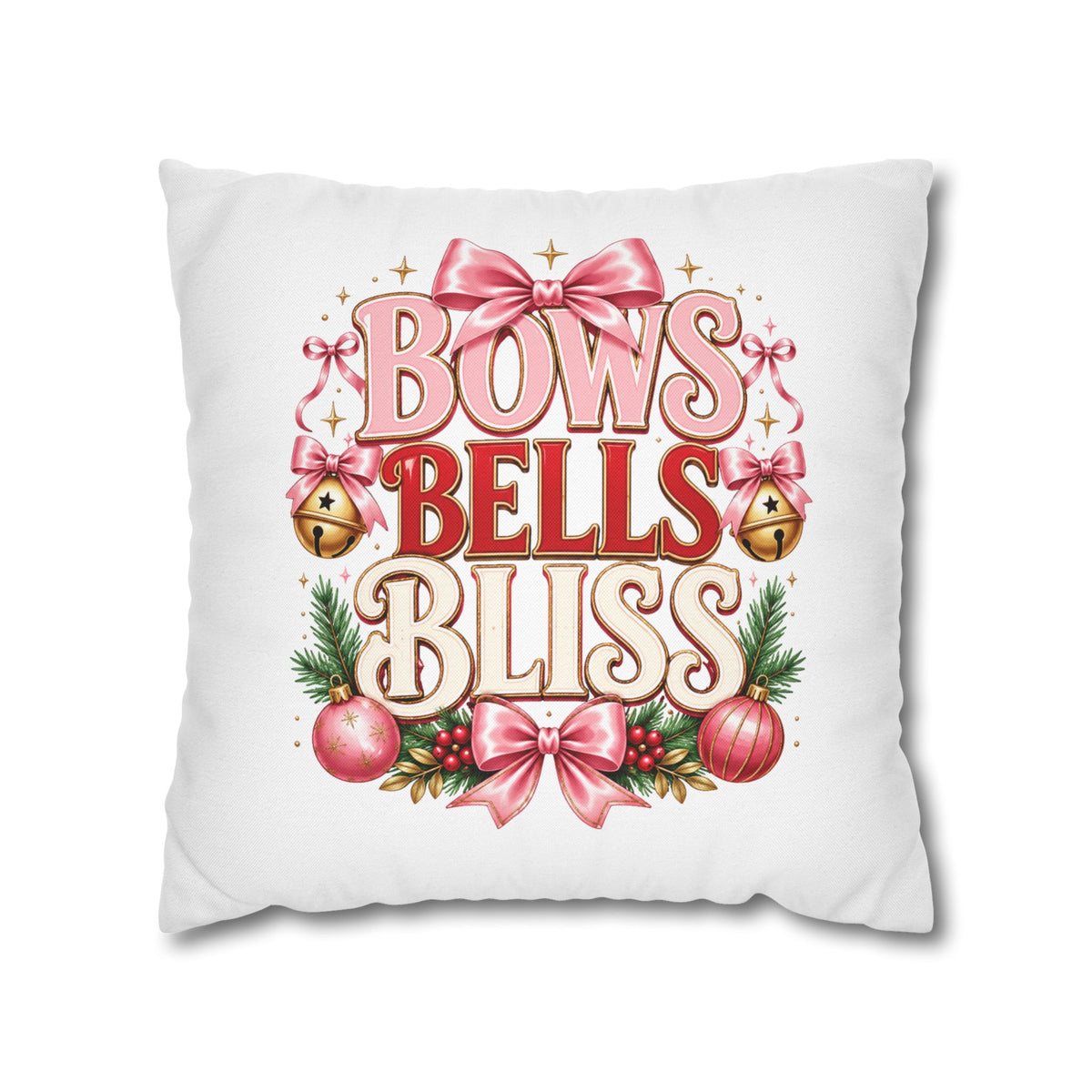 Christmas Bows Bells Bliss Decorative Pillowcase — Pink Christmas Holiday Throw Pillow Cover