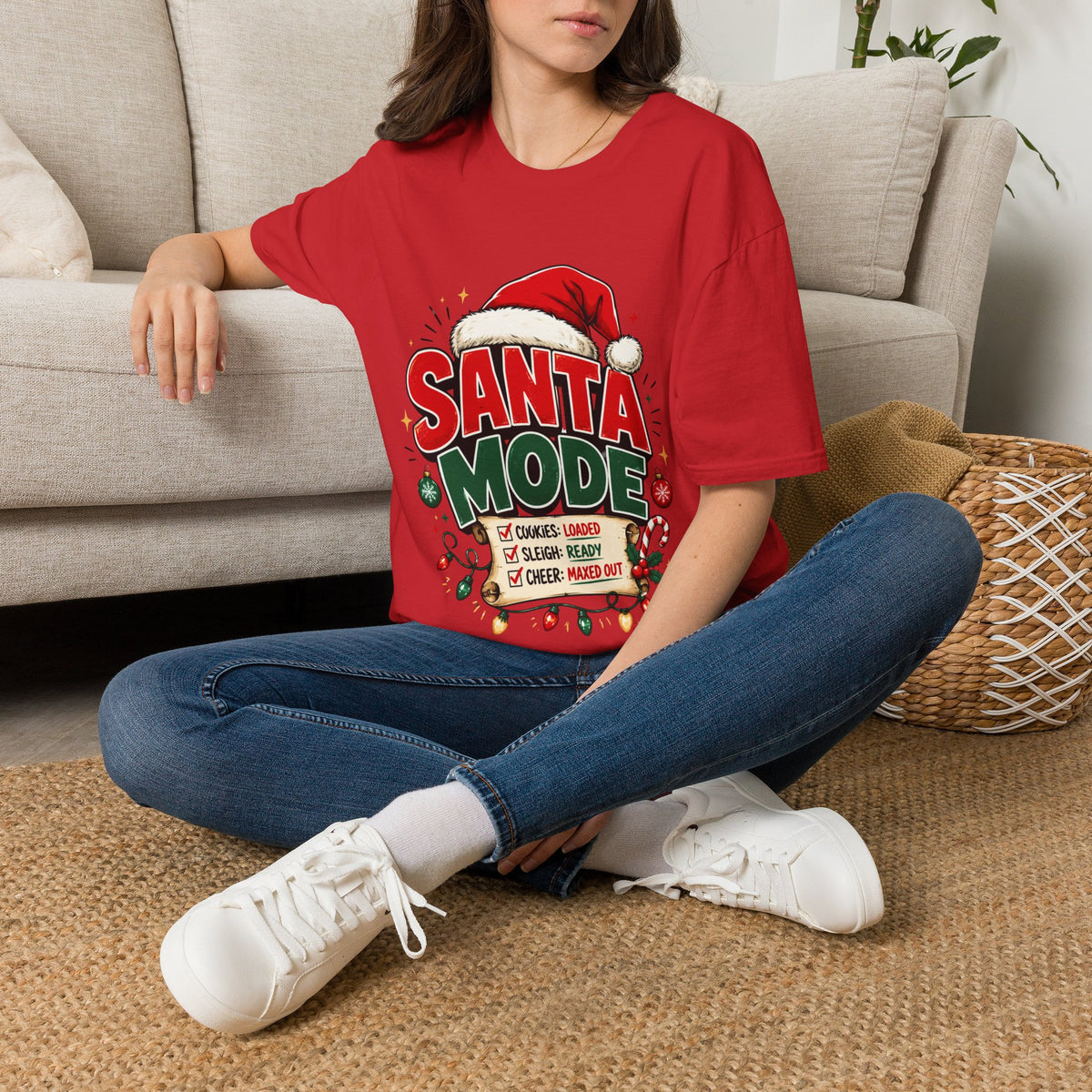 Santa Mode T-Shirt — Holiday Christmas Graphic Tee with Santa Hat