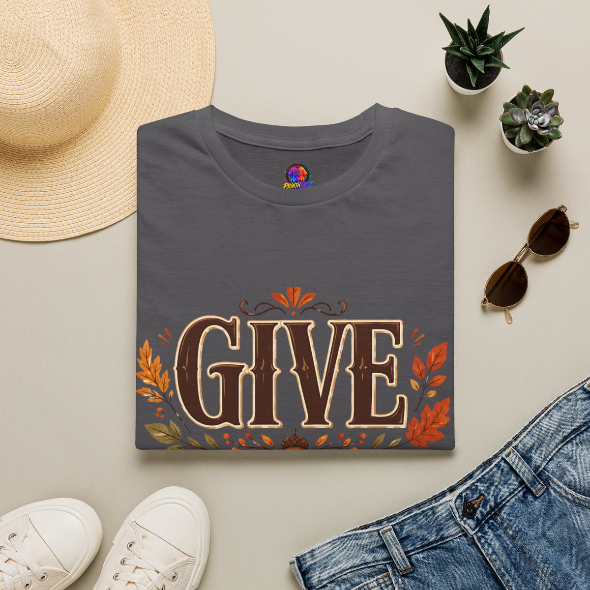 Thanksgiving T-Shirt Give Thanks T-Shirt — Autumn Thanksgiving Graphic Tee