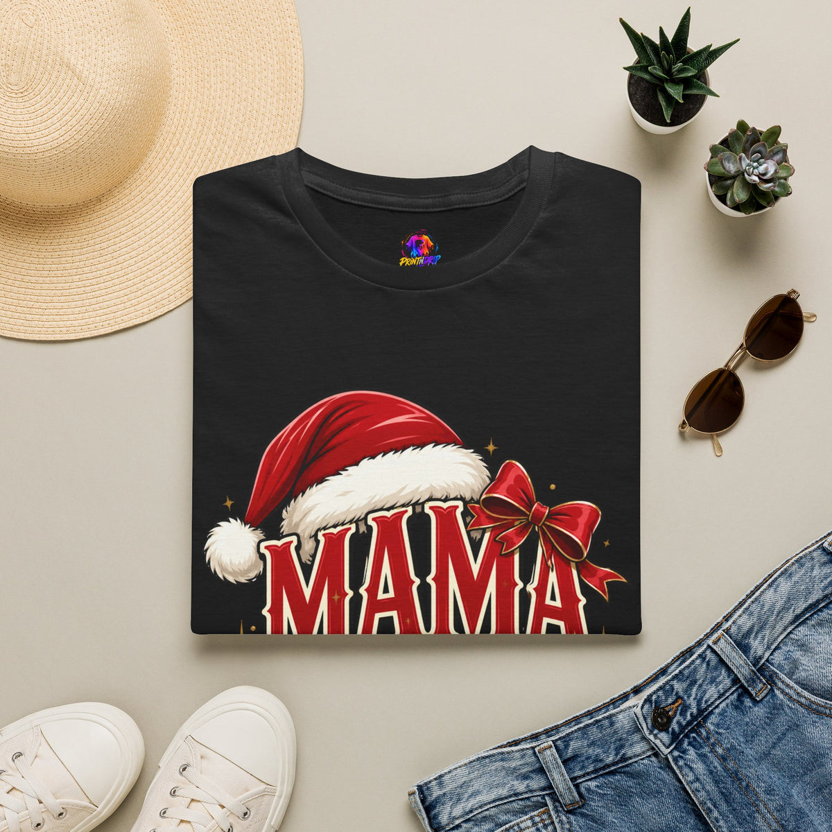 Mama Claus T-Shirt — Festive Christmas Mom Tee with Santa Hat & Bow