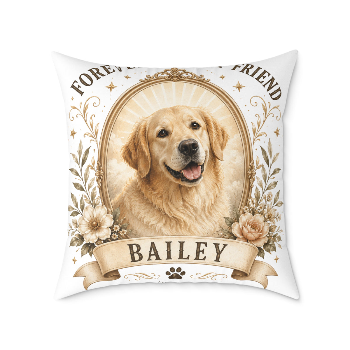 Pet Memorial Pillow Milo Bailey Dog Dad Mom— Personalized "Bailey" Golden Retriever Tribute Square Pillow