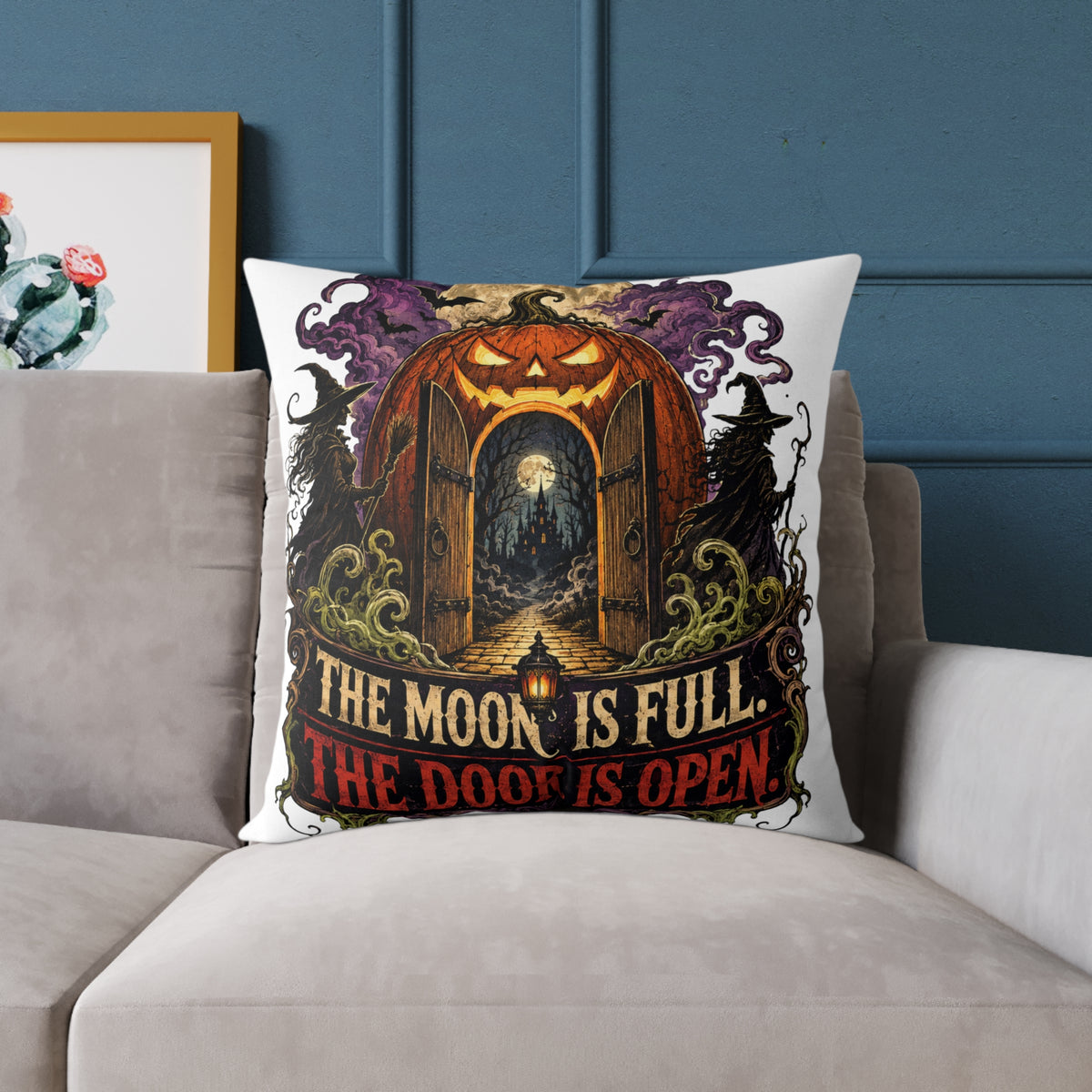 Halloween Pumpkin Door Pillow — "The Moon Is Full, The Door Is Open" Decorative Throw Pillow
