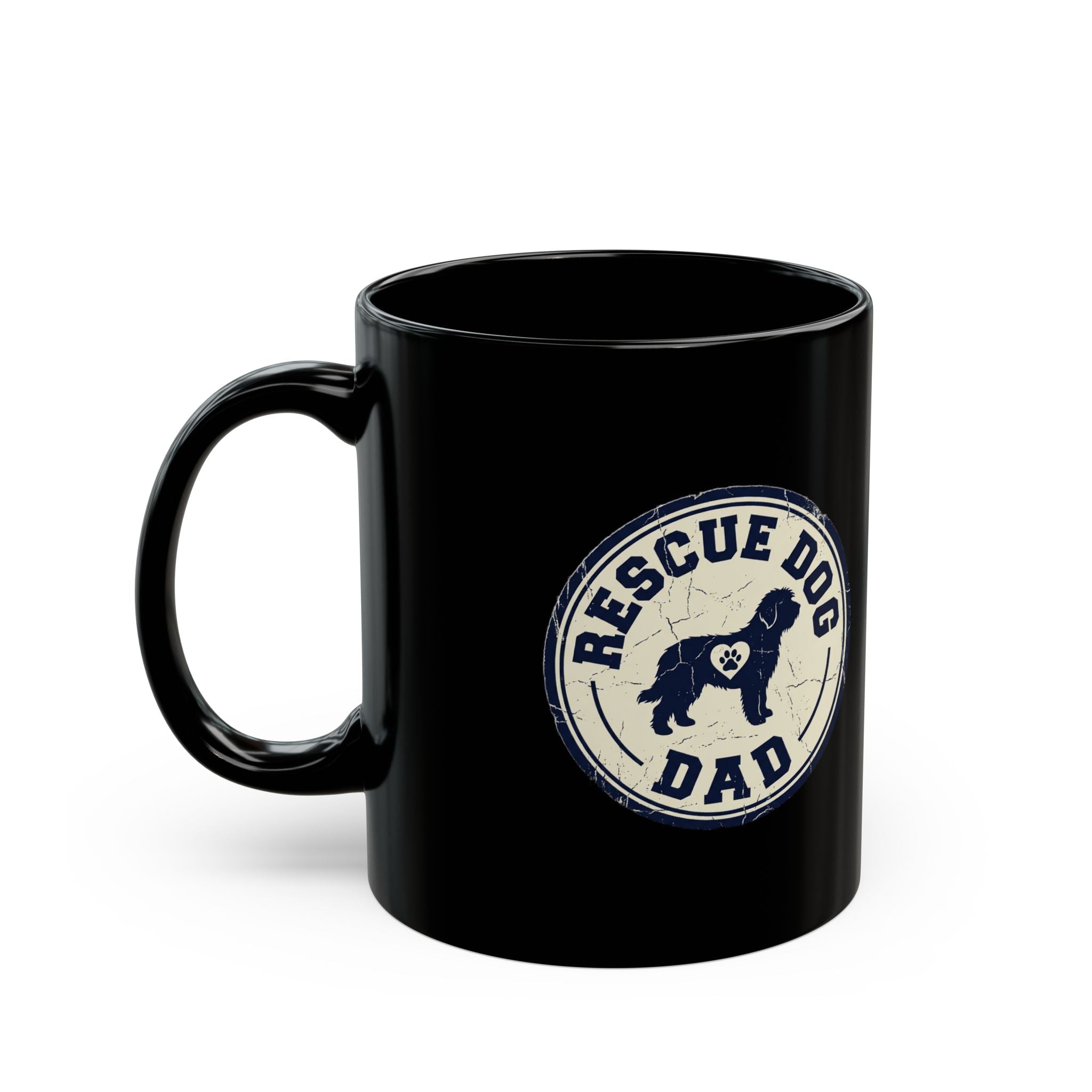 Funny Rescue Dog Dad Black Mug — Vintage Paw Print Coffee Cup