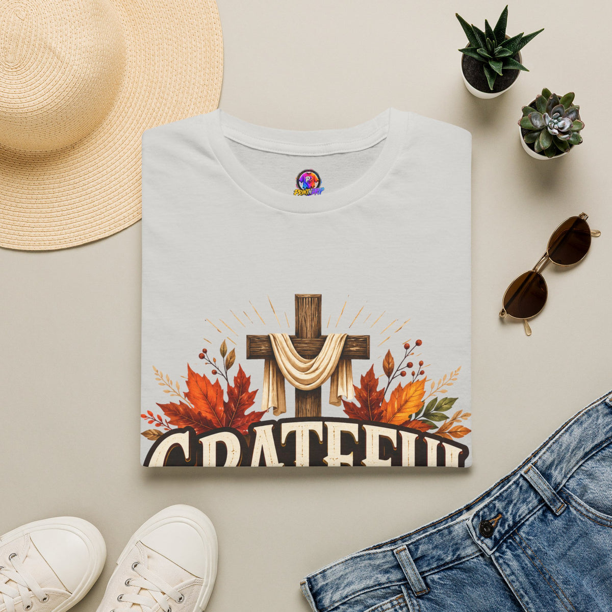 Thanksgiving T-Shirt Grateful Heart T-Shirt — Christian Cross & Autumn Leaves Thanksgiving Tee