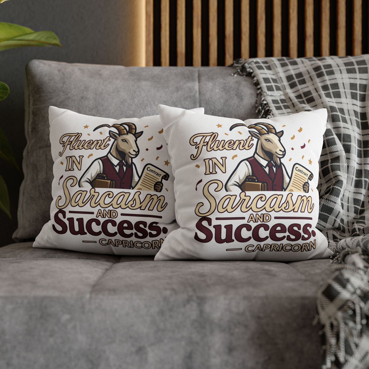 Capricorn Pillowcase – "Fluent in Sarcasm and Success" Decorative Throw Pillowcase