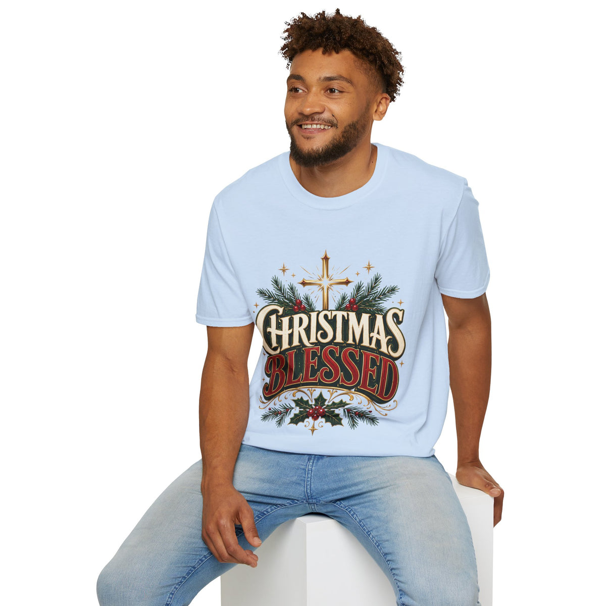 Christmas Blessed T-Shirt — Faith-Based Holiday Tee with Cross & Pine Design