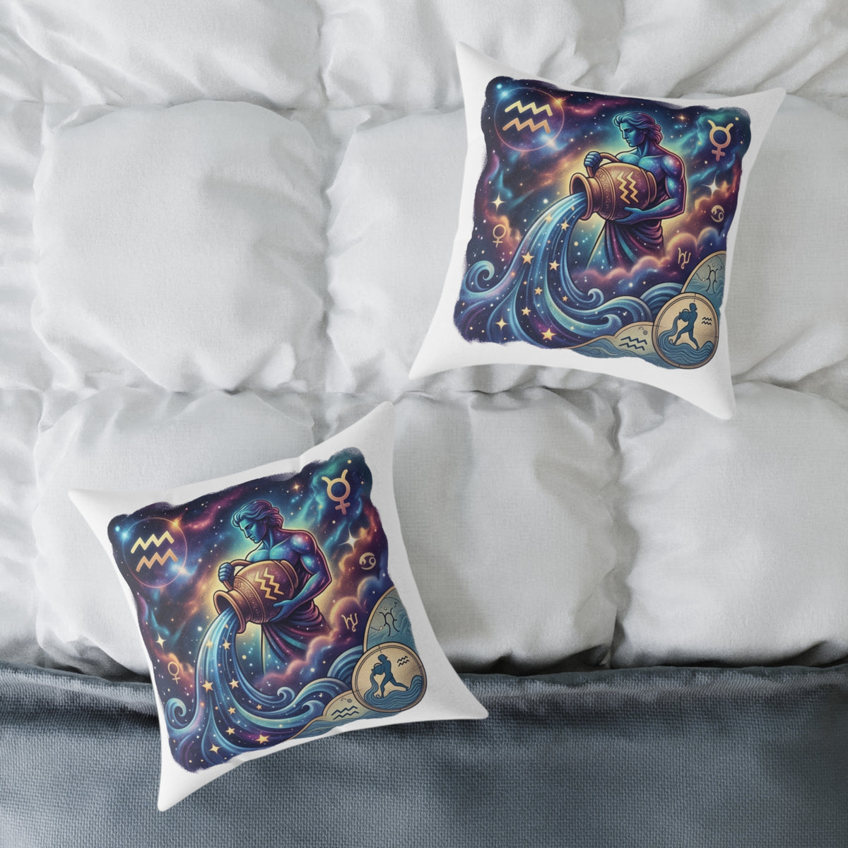 Aquarius Zodiac Pillow – Illustrated Astrological Water Bearer Throw Cushion