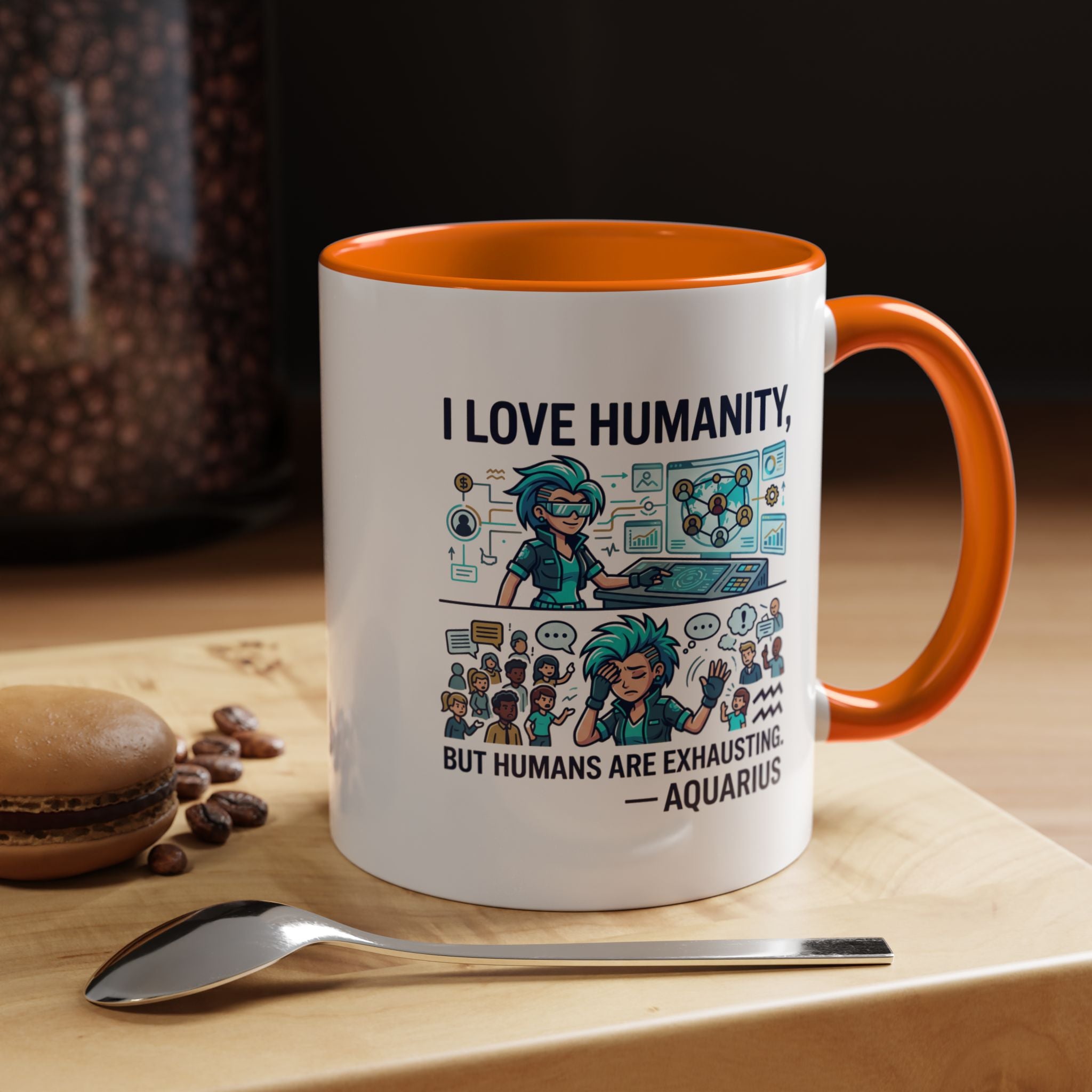 Aquarius Zodiac Coffee Mug — "I Love Humanity, But Humans Are Exhausting" Accent Mug