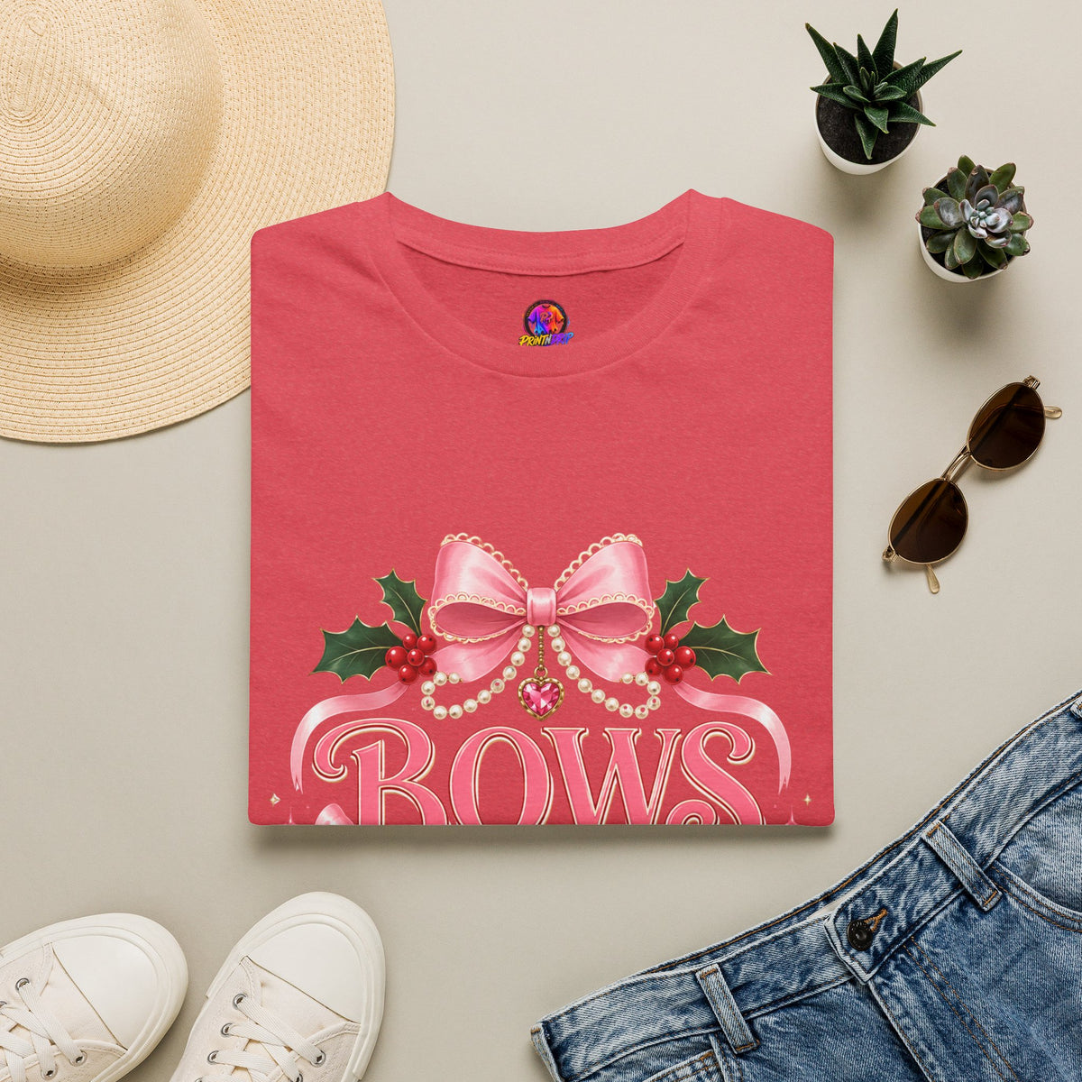 Bows and Mistletoe T-Shirt — Pink Holiday Bow Christmas Tee