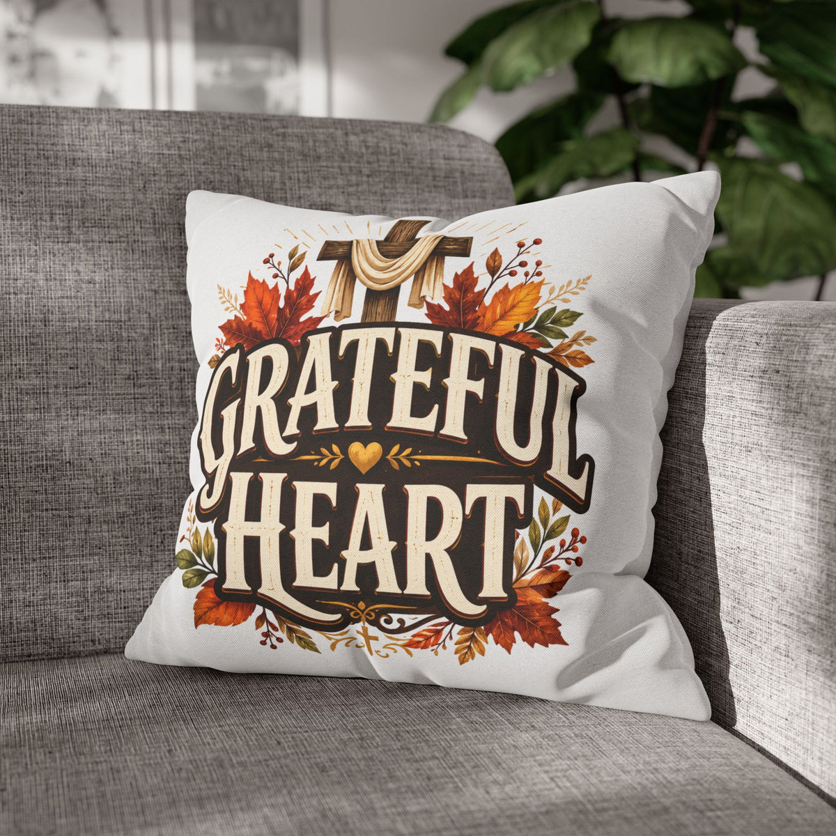 Thanksgiving Grateful Heart Throw Pillow — Autumn Cross Faith Decorative Pillowcase