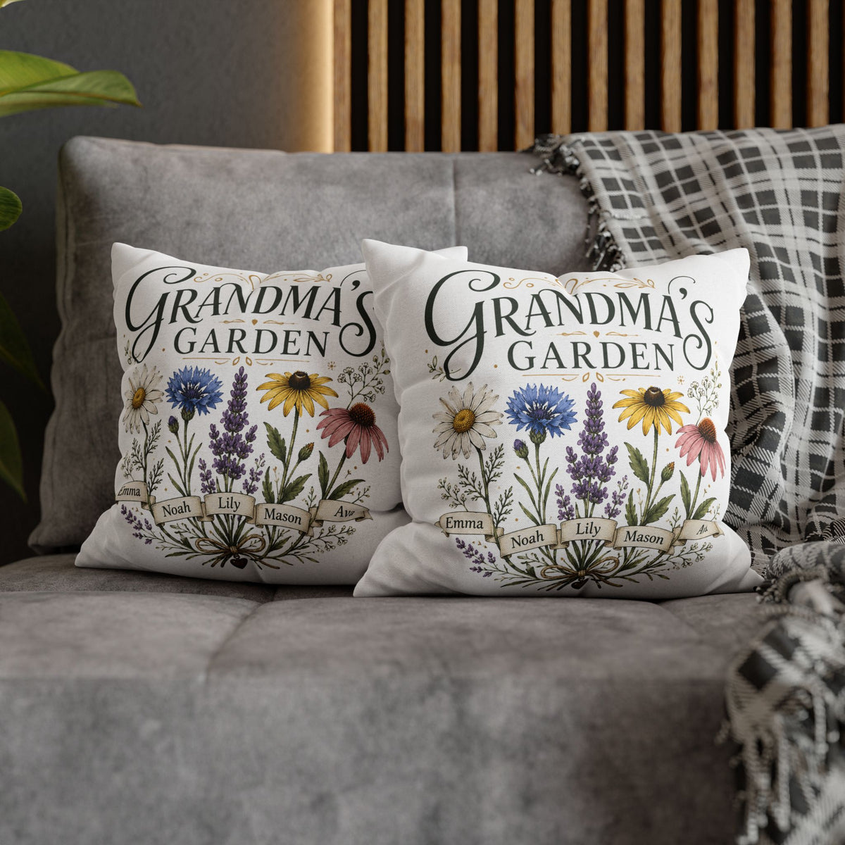 Grandma’s Garden Floral Pillowcase Milo Bailey Dog Dad Mom — Personalized Names Decorative Throw Pillow