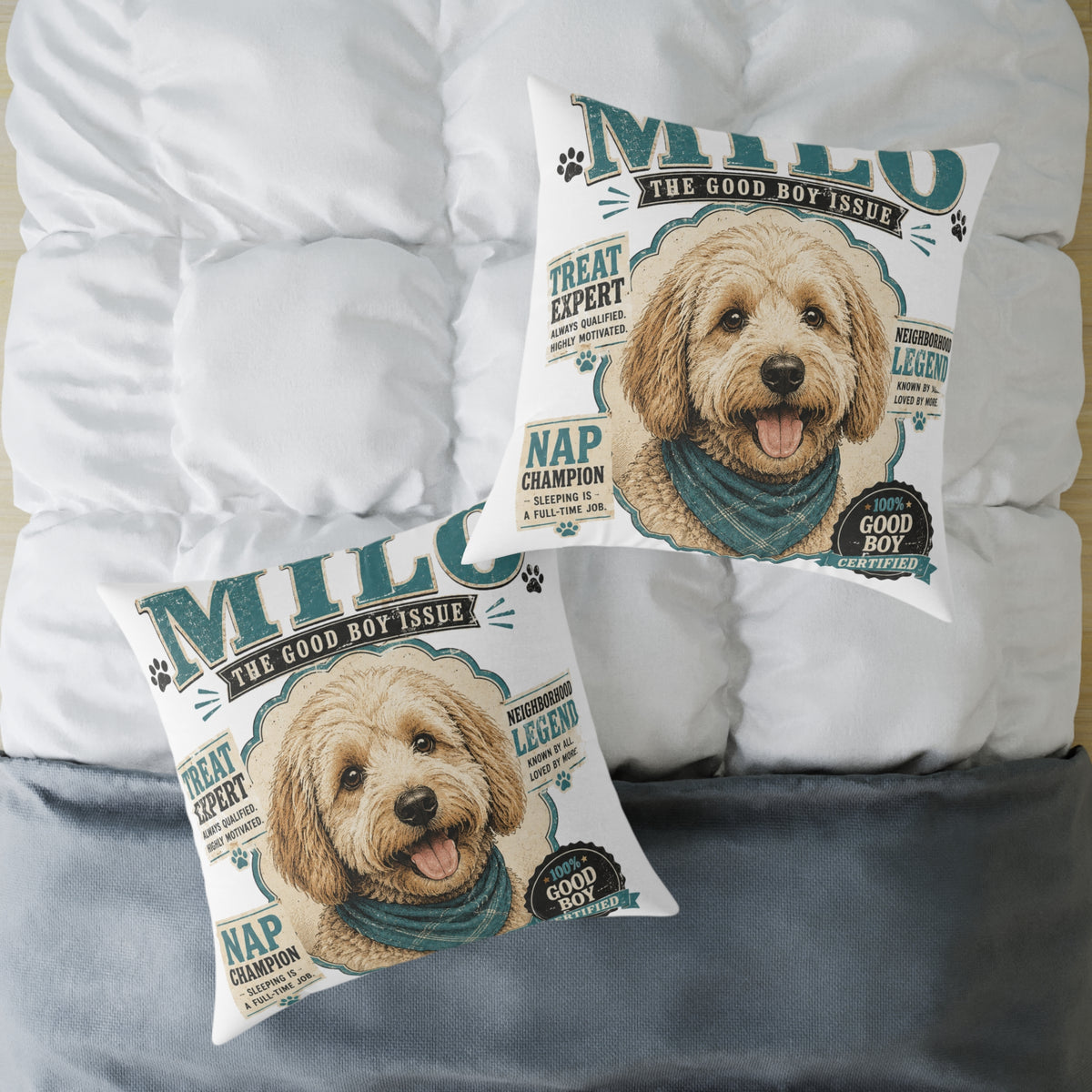 Milo Bailey Dog Dad Mom Square Poly Canvas Pillow — Personalized "Milo The Good Boy Issue" Dog Throw Pillow