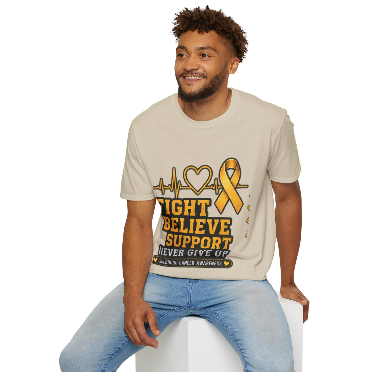 Childhood Cancer Awareness T-Shirt – "Fight Believe Support Never Give Up" Gold Ribbon Tee