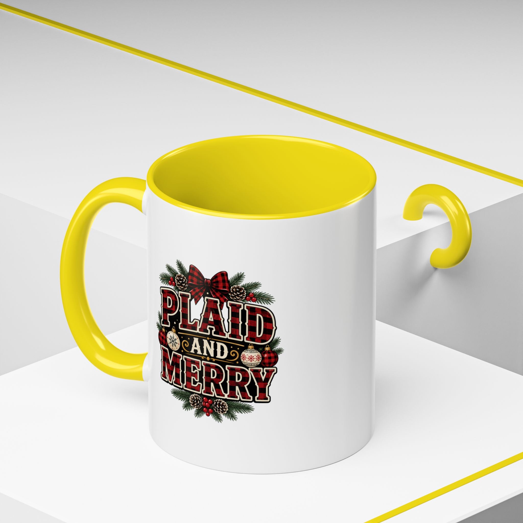 Plaid and Merry Accent Coffee Mug — Festive Buffalo Check Christmas Mug