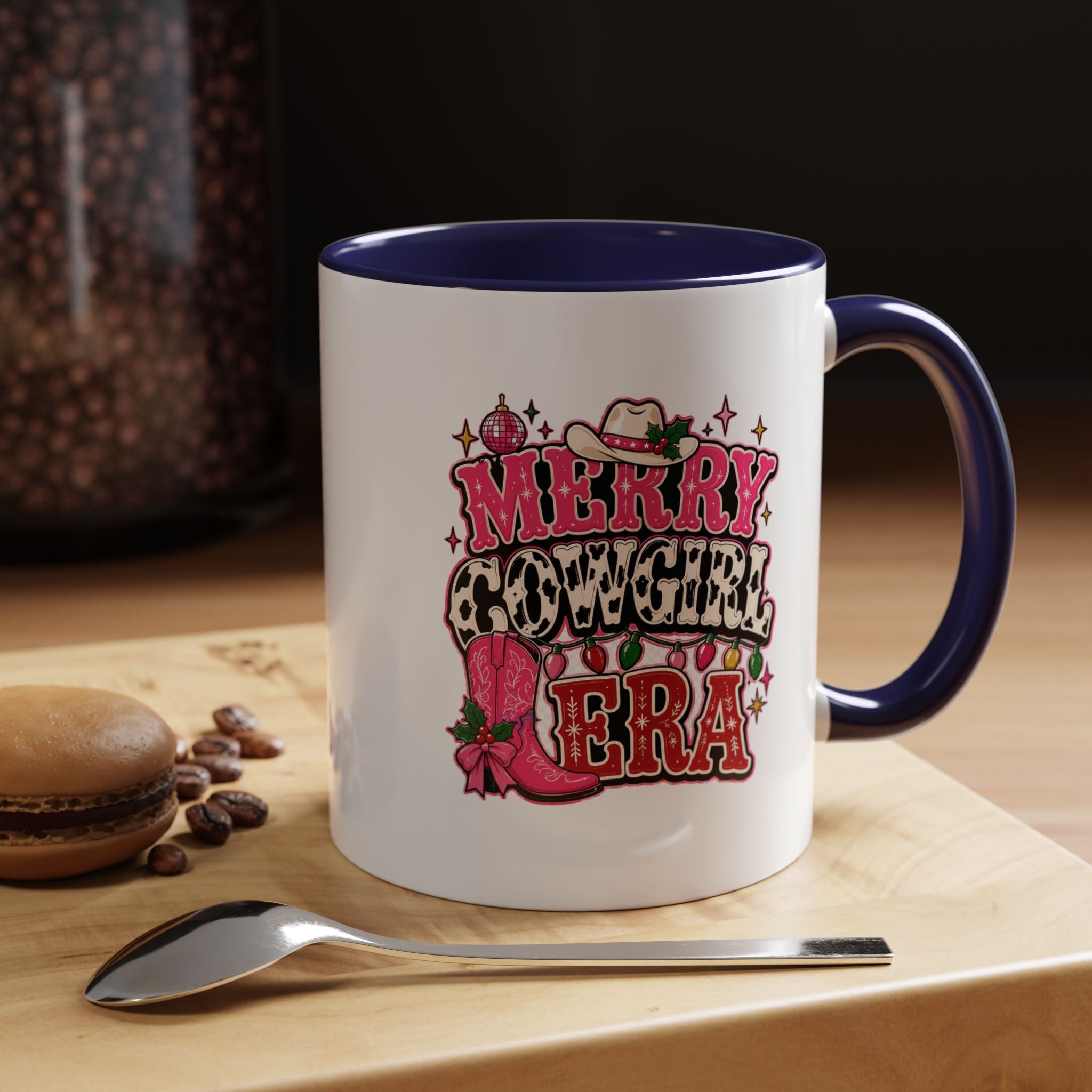 Modern Day Christmas Merry Cowgirl Era Accent Coffee Mug — Festive Pink Western Cowboy Boots & Hat Mug