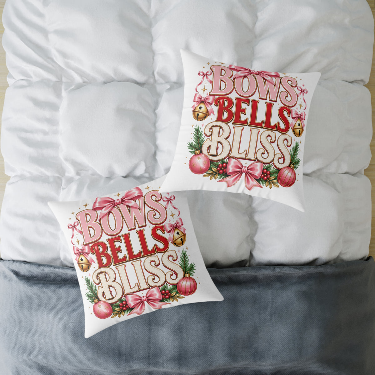 Christmas Bows Bells Bliss Square Poly Canvas Pillow